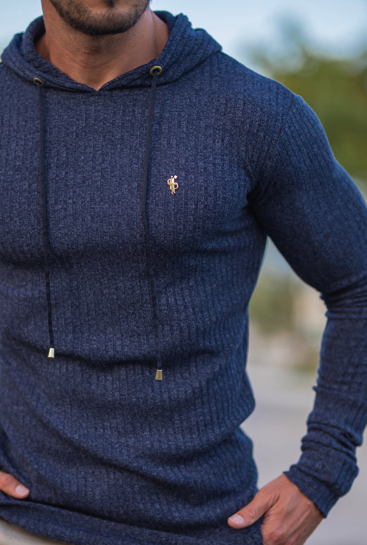 Classic Navy / Gold Ribbed Knit Hoodie Jumper - FSH507