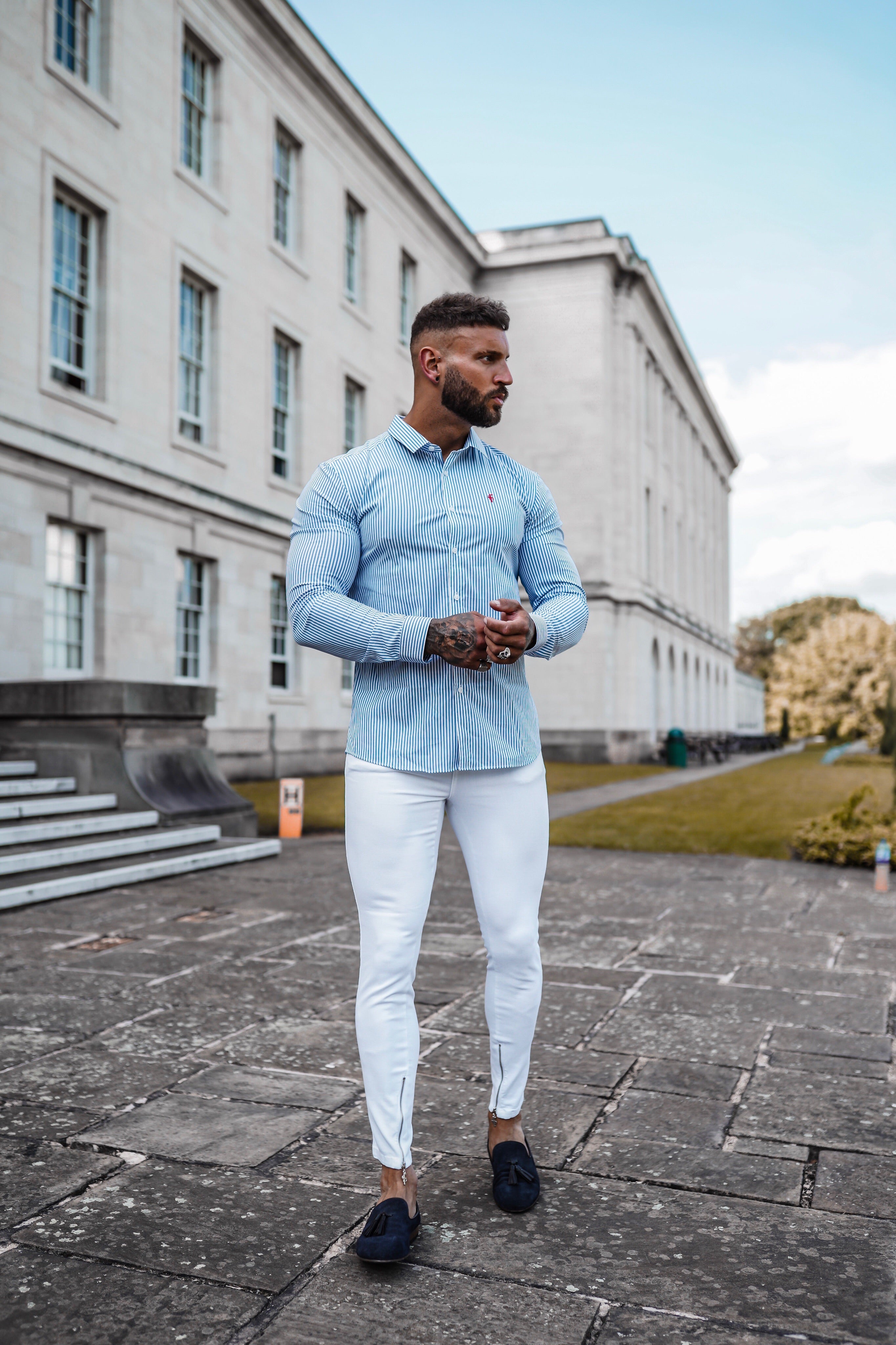 Super Slim Stretch White & Navy Stripe (Red Emblem)  -  FS513