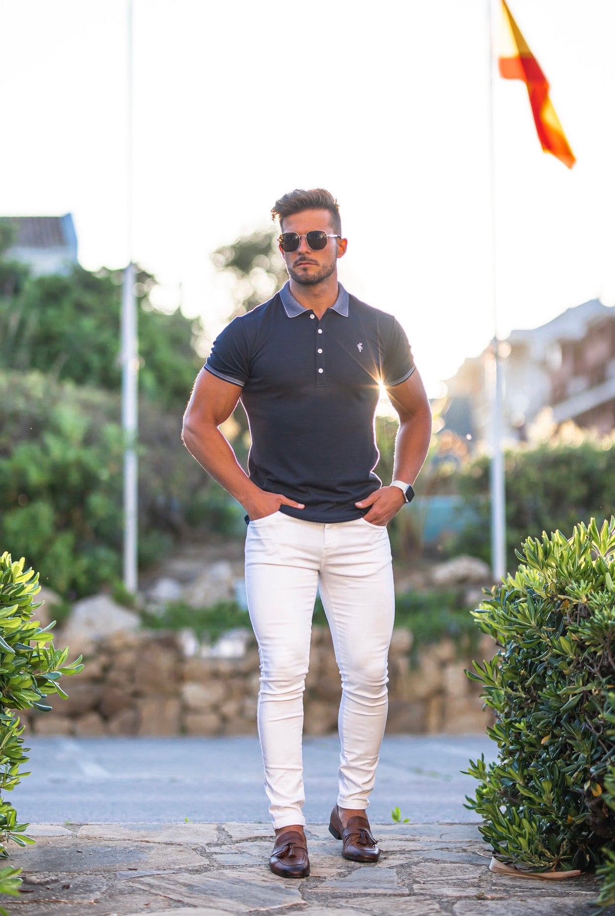 Classic Navy Pima Polo Shirt with Contrast Collar Short Sleeve  - FSH397