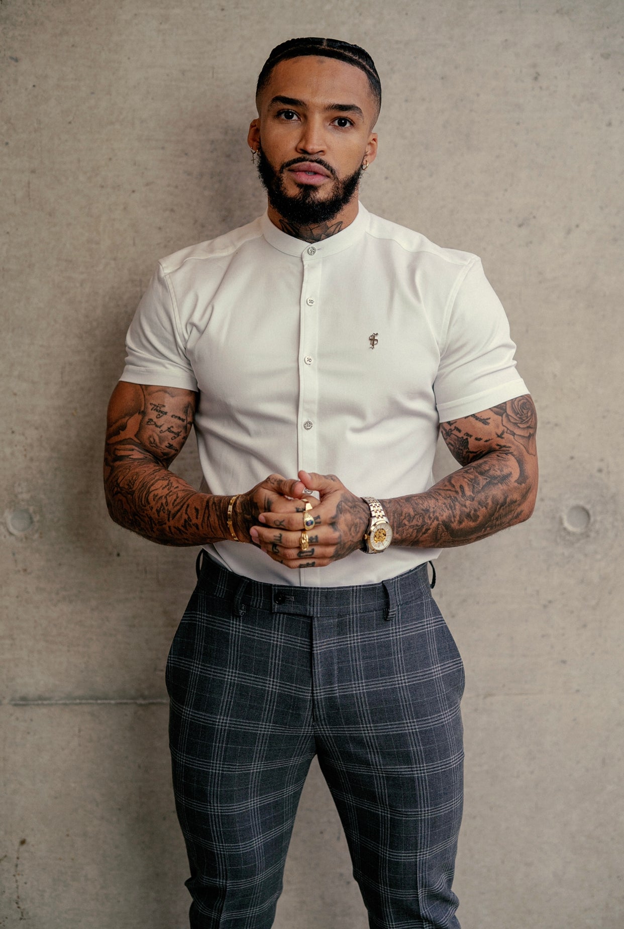 Super Slim Stretch White Denim Short Sleeve Grandad collar with Silver Metal Buttons and Decal Emblem - FS762