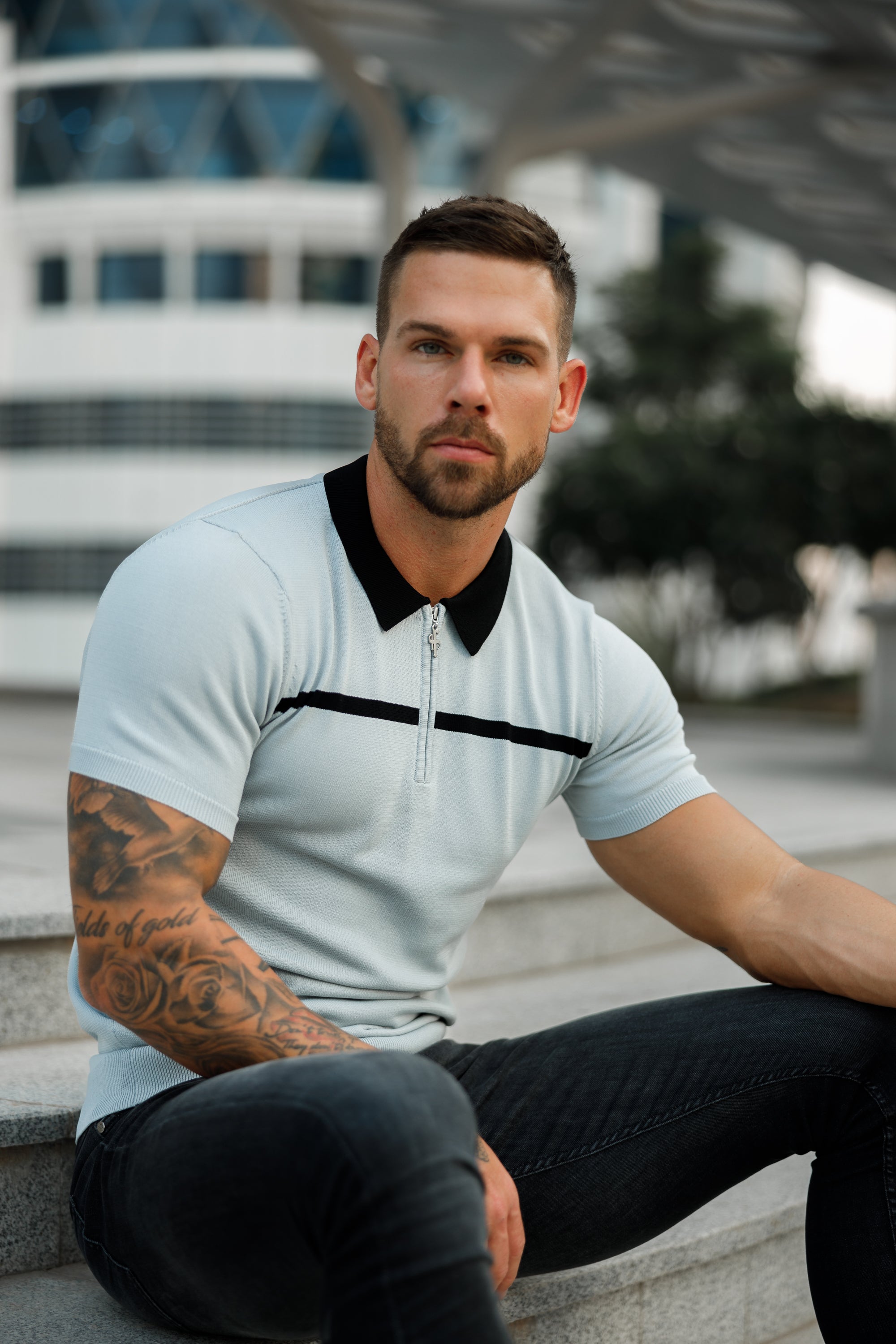 Classic Silver Grey / Black Horizontal Stripe Zipped Polo Short Sleeve - FSN040