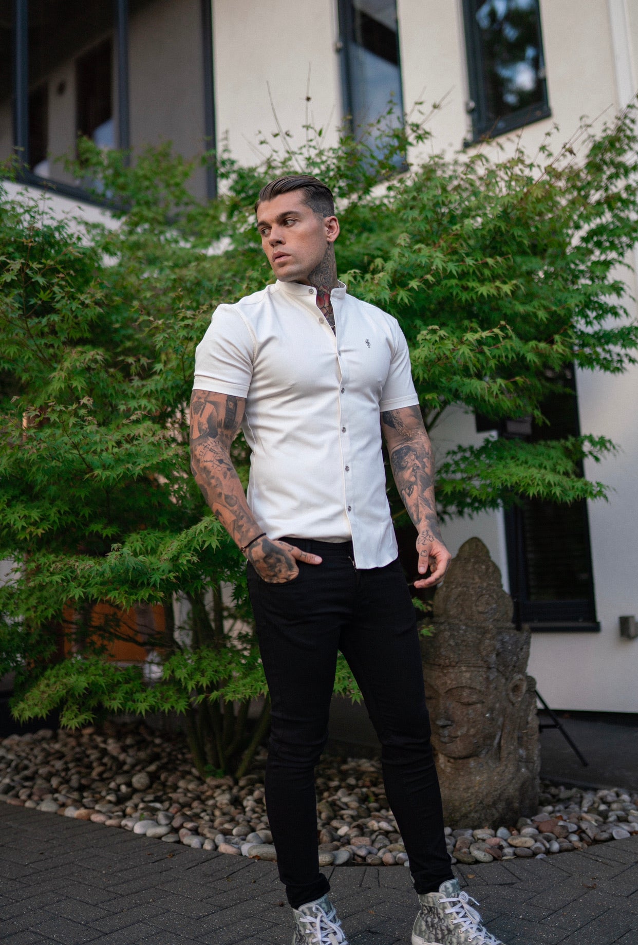 Super Slim Stretch Cream Denim Short Sleeve Grandad collar with Metal Buttons and Decal Emblem - FS726