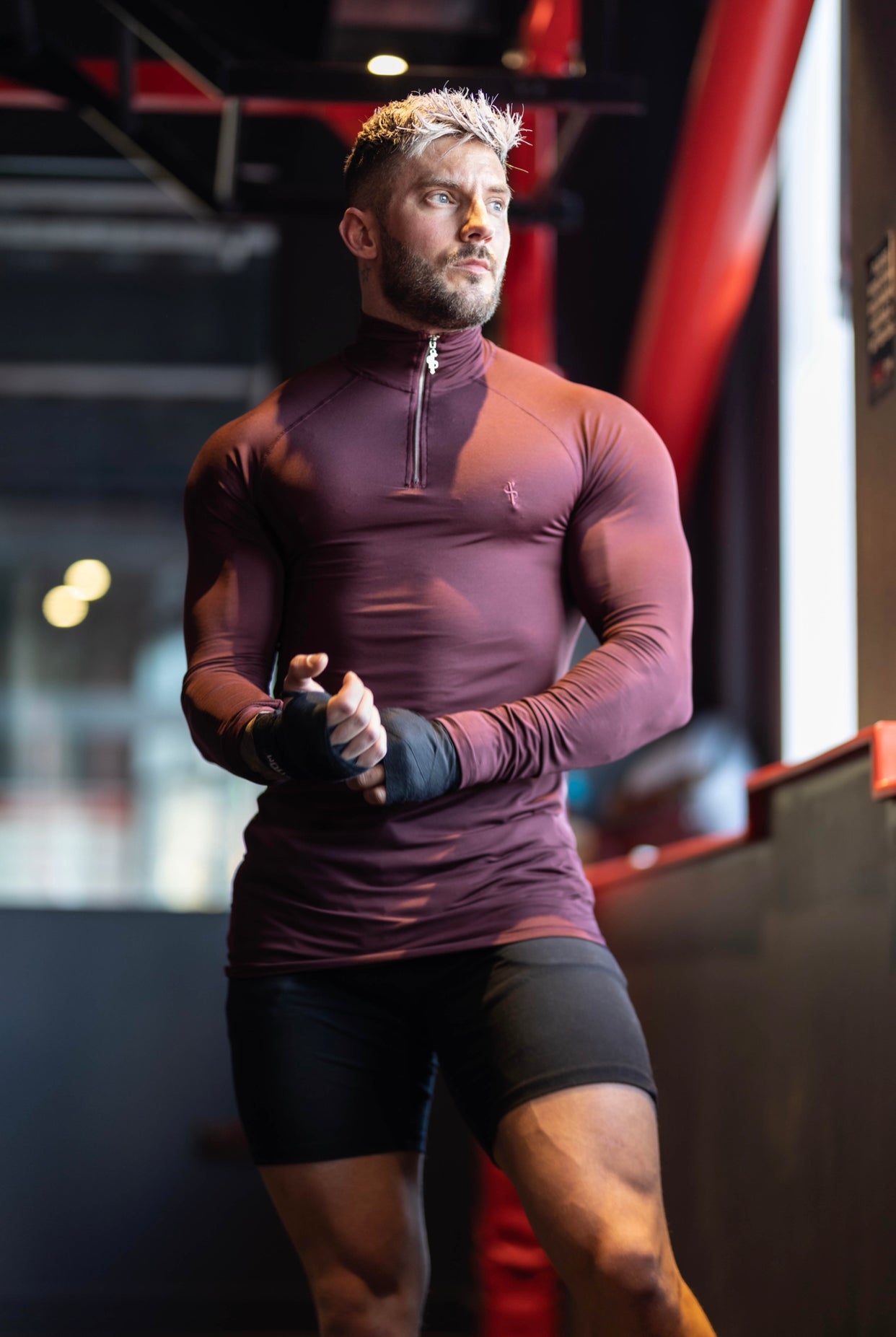 Long Sleeve Burgundy Half Zip Gym Top - FSH733