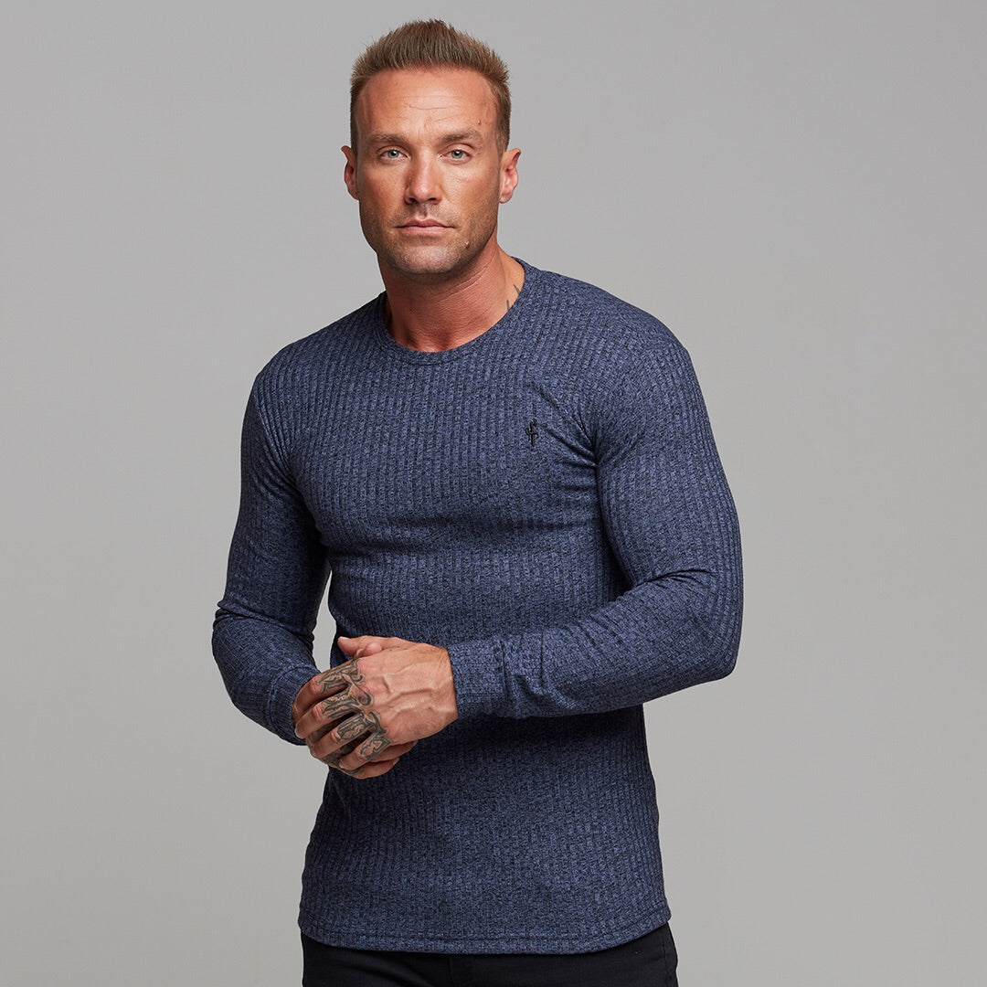Classic Navy Ribbed Knit Super Slim Crew - FSH114