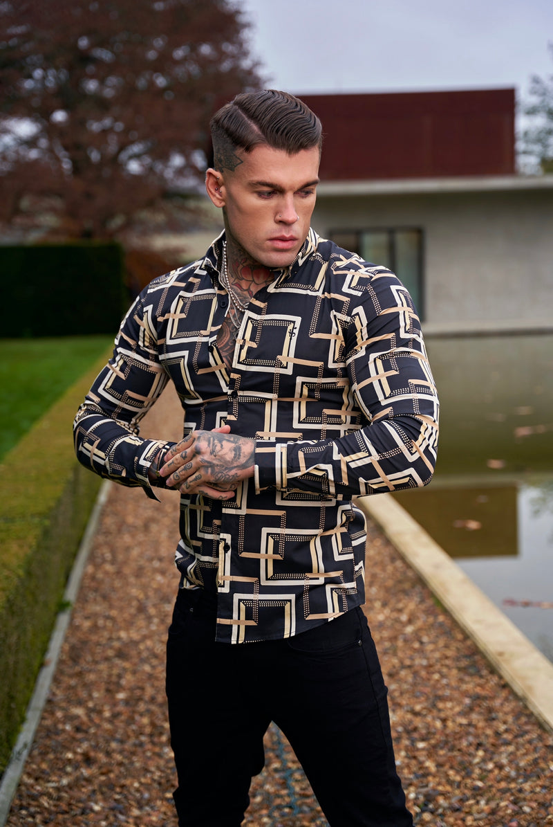 Father Sons Super Slim Stretch Black / Cream Interlinked Square Print Long Sleeve with Button Down Collar - FS850