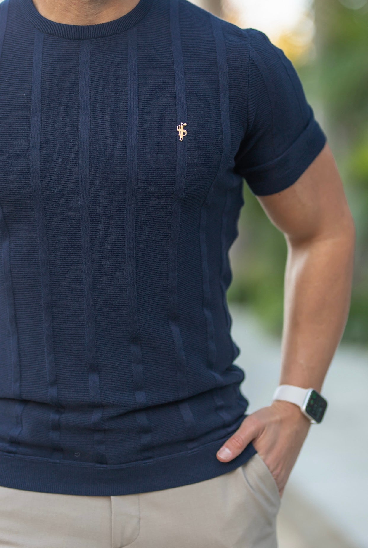Classic Short Sleeve Navy Knitted Wide Rib Crew with Gold Emblem - FSH562