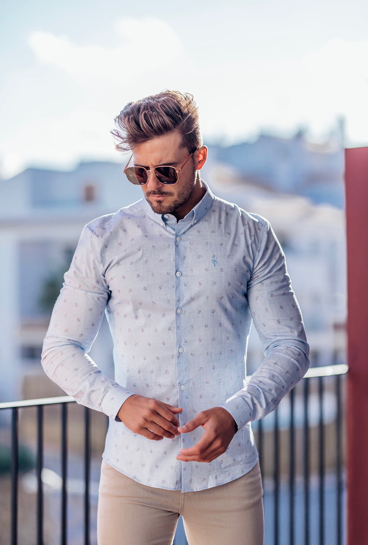 Super Slim Stretch Light Blue Multi Floral Print Long Sleeve - FS668