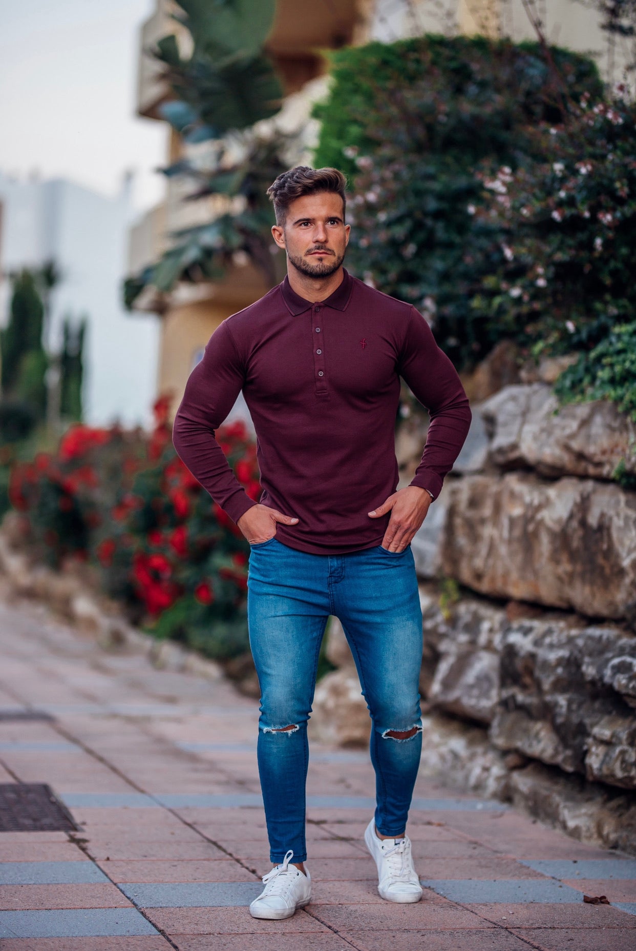 Classic Burgundy Pima Polo Shirt with Contrast Collar Long Sleeve  - FSH431 (LAST CHANCE)
