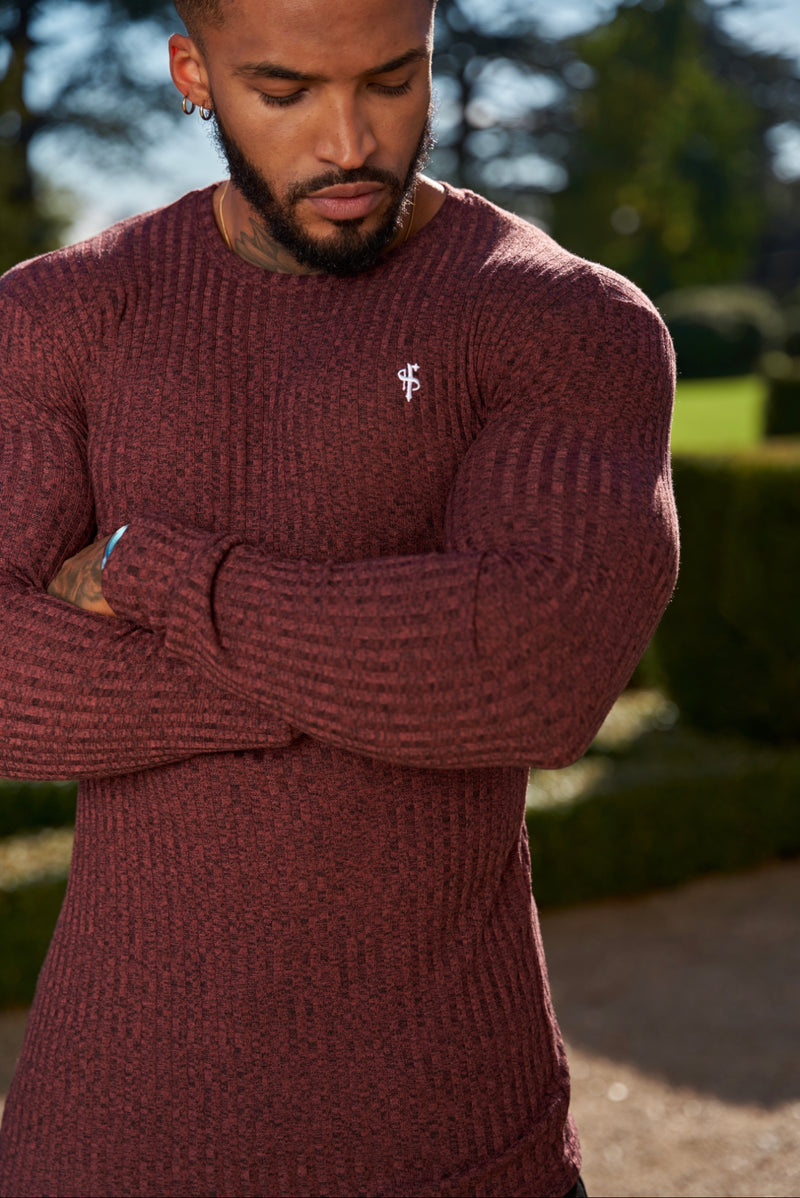 Father Sons Classic Burgundy / White Ribbed Knit Super Slim Crew Sweater - FSH767