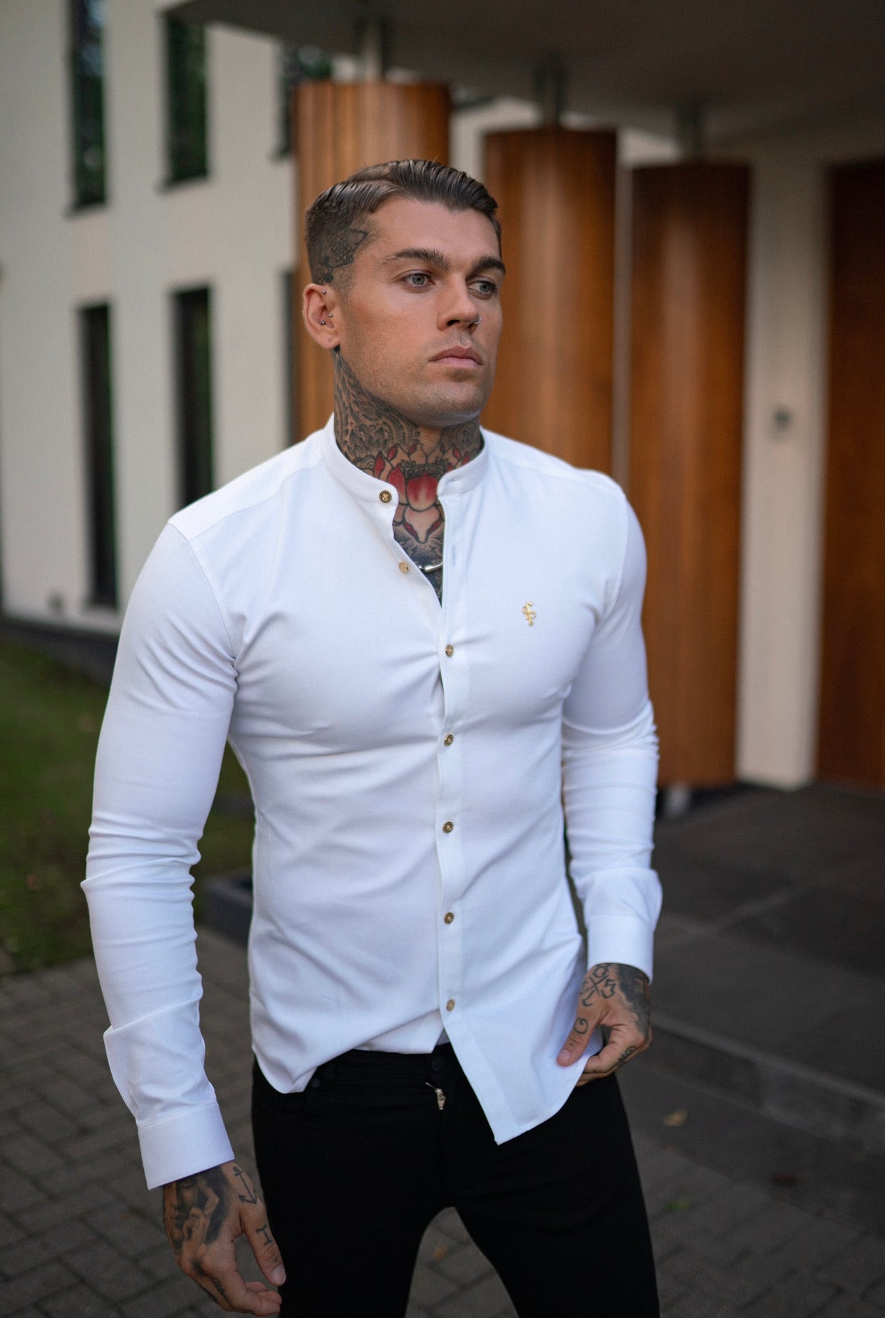 Super Slim Stretch White Denim Long Sleeve Grandad collar with Metal Buttons and Decal Emblem - FS719