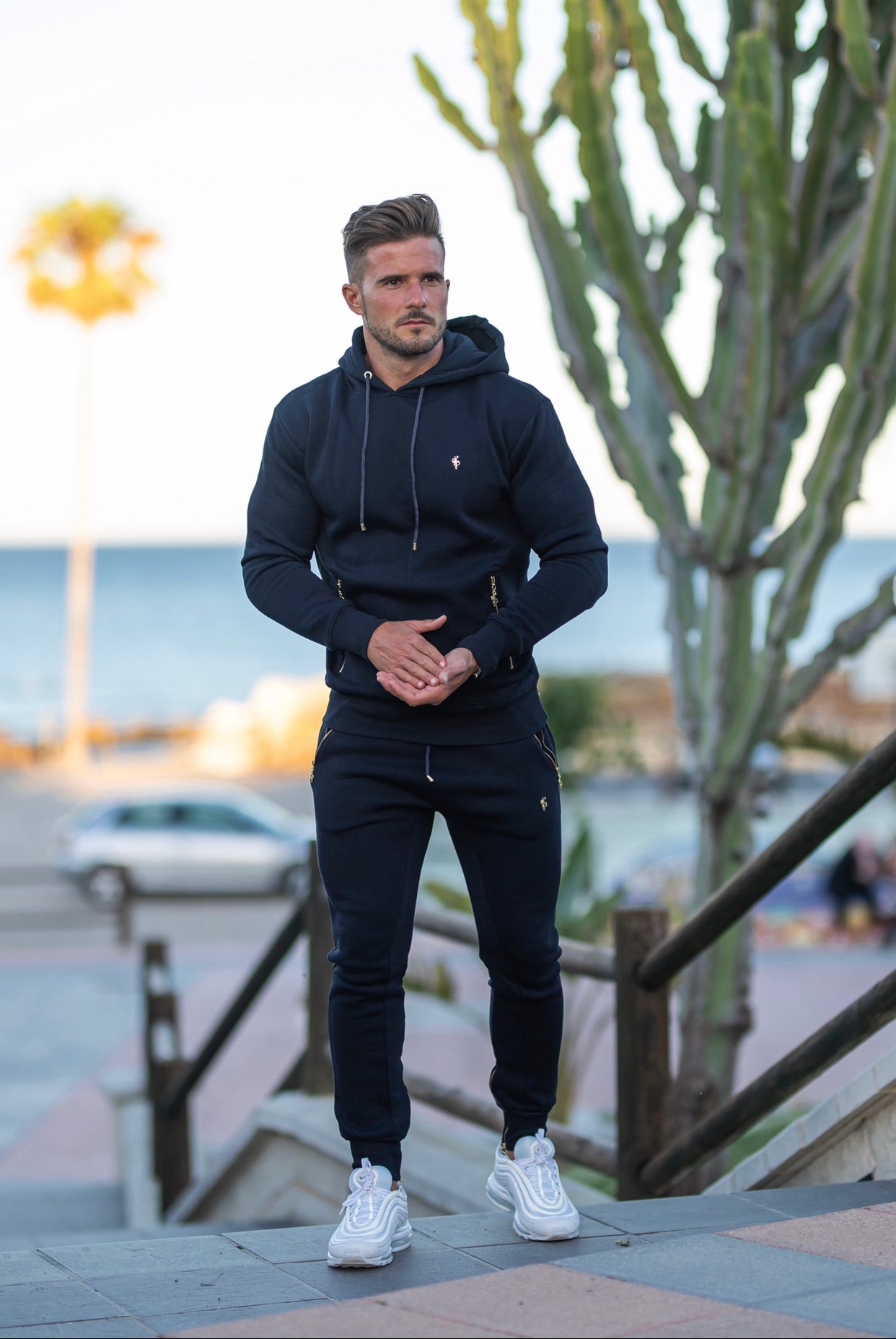 Navy & Gold Overhead Hoodie Top with Zipped Pockets - FSH475