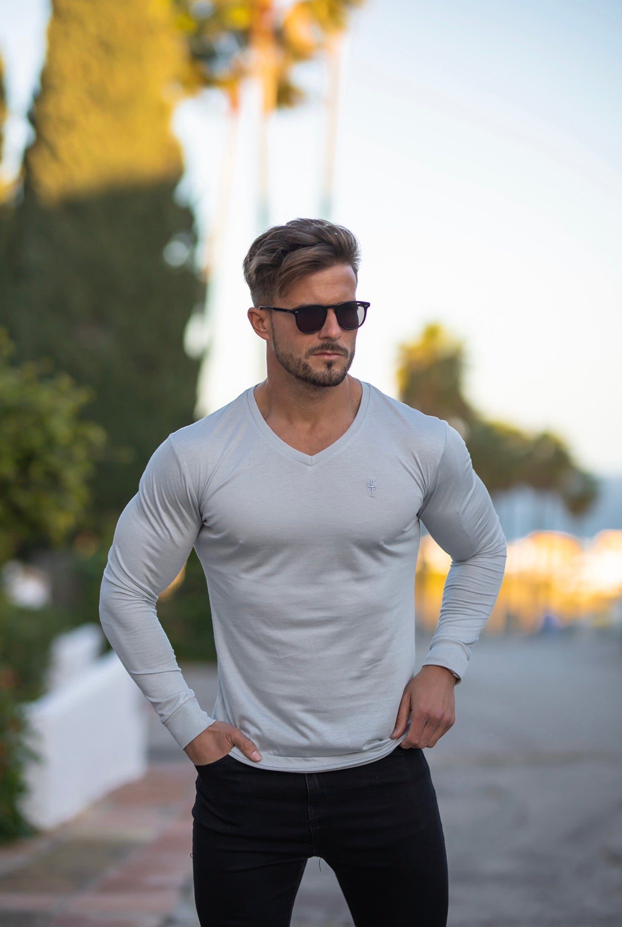 Light Grey Bamboo V Neck Crew Long Sleeve - FSH588