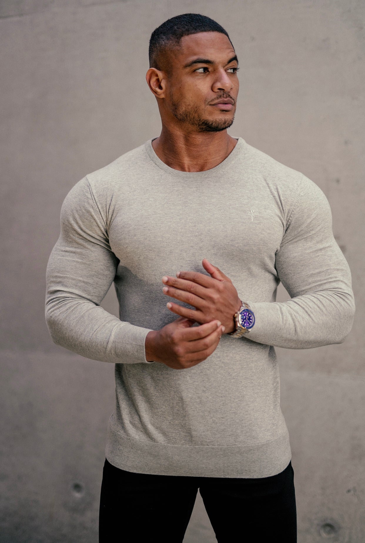 Father Sons Classic Light Grey Marl Crew Neck Knitted Sweater with Tonal Emblem - FSH674