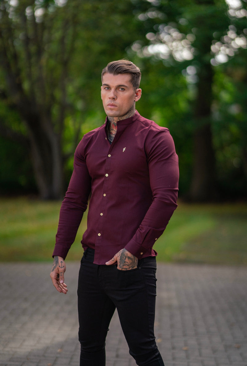 Father Sons Super Slim Stretch Burgundy Denim Long Sleeve Grandad collar with Metal Buttons and Decal Emblem - FS721