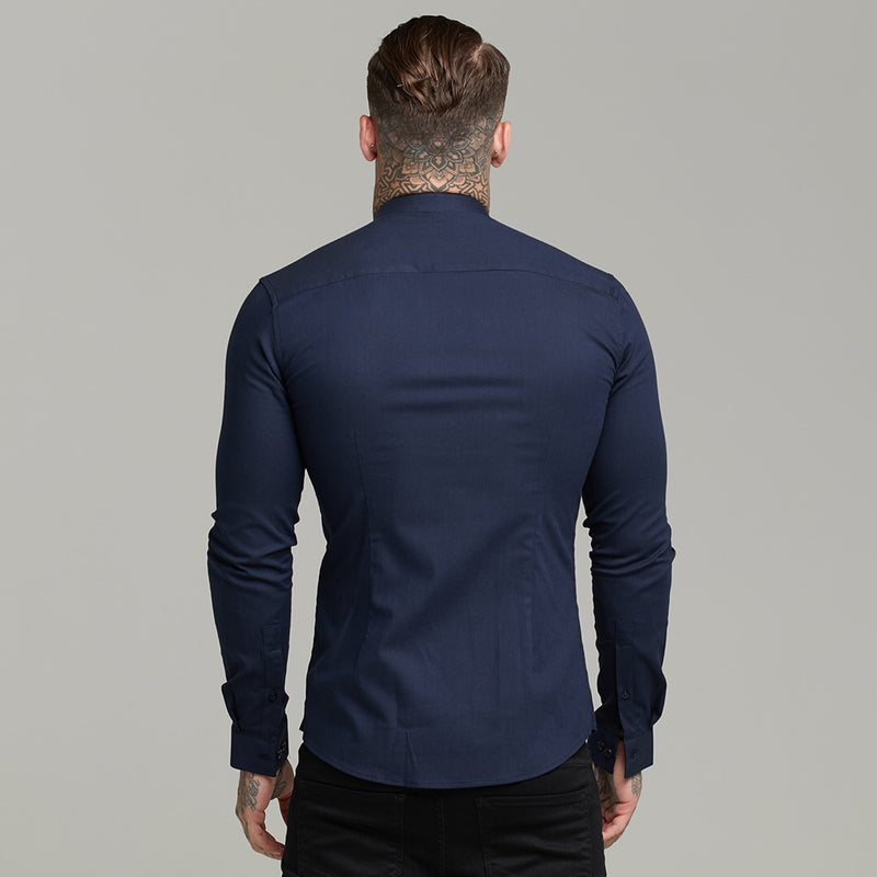 Father Sons Super Slim Stretch Grandad Collar Classic Navy Oxford  Long Sleeve - FS583