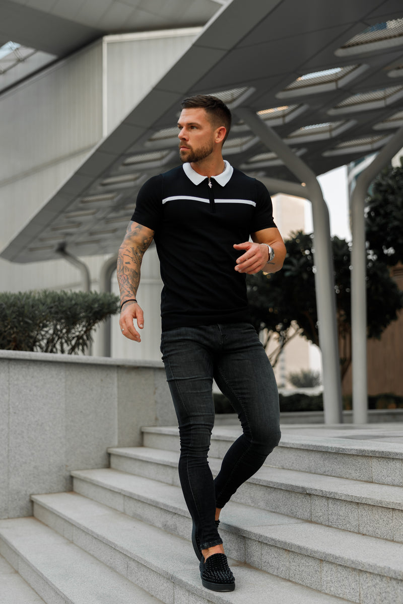 Father Sons Classic Black / White Horizontal Stripe Zipped Polo Short Sleeve - FSN038