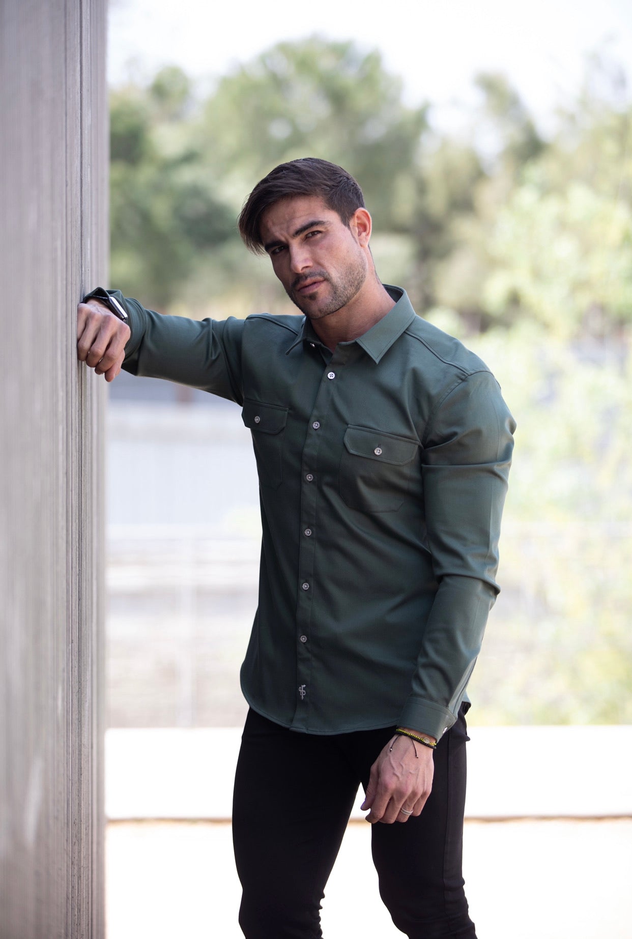 Super Slim Stretch Khaki Denim Shacket With Silver Buttons - FS757