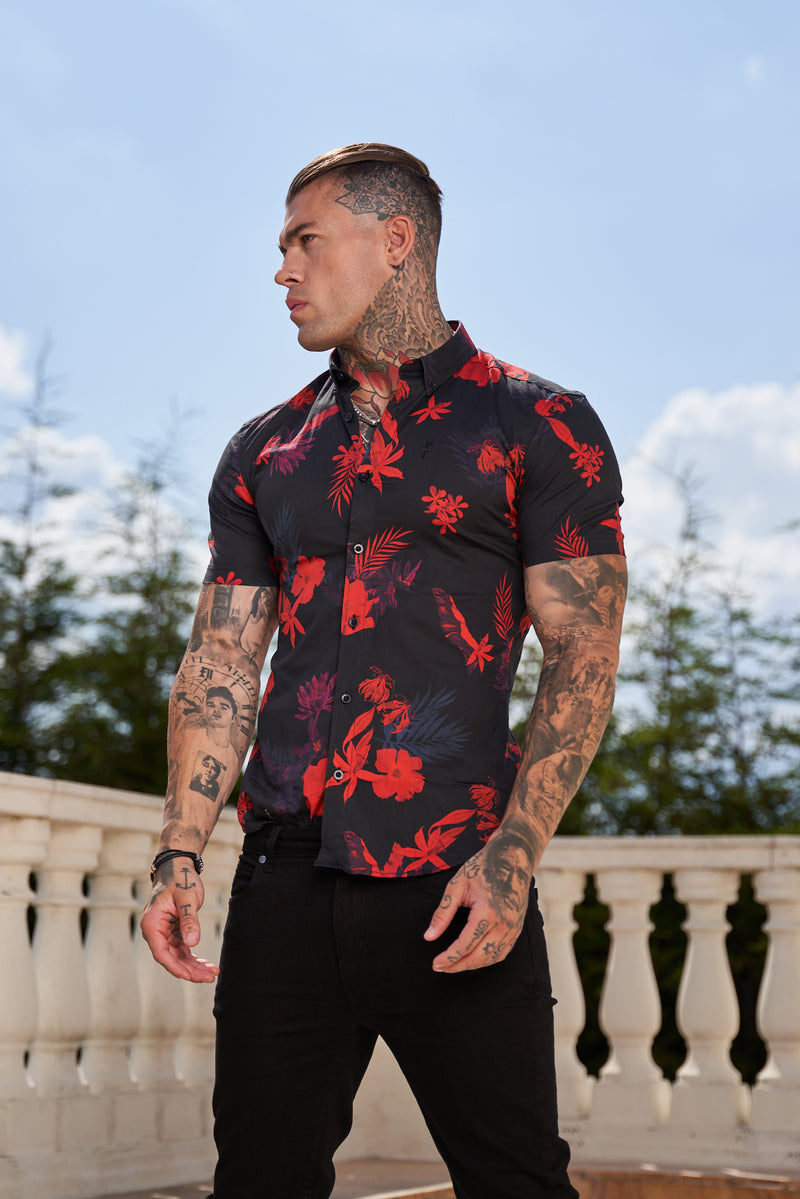 Father Sons Super Slim Stretch Black and Red Floral Print Short Sleeve with Button Down Collar - FS767