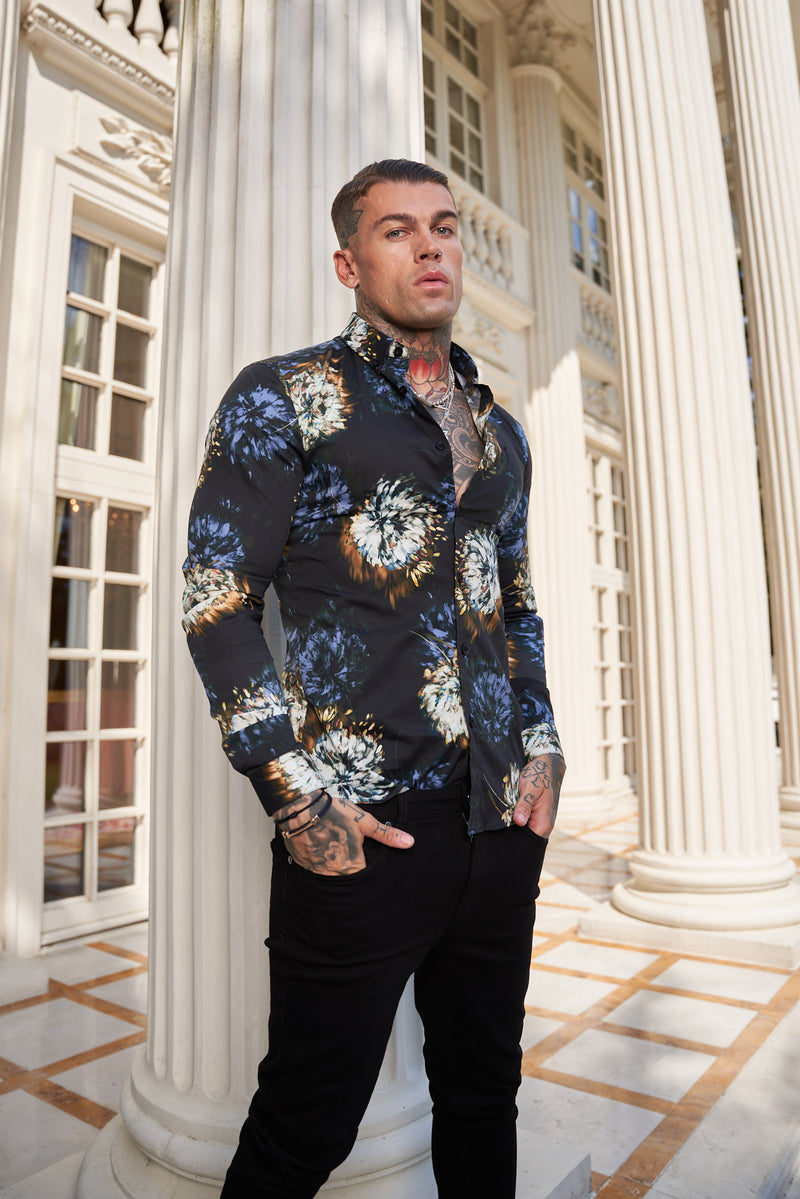 Father Sons Super Slim Stretch Black Base Blurred Flower Print Long Sleeve with Button Down Collar - FS800