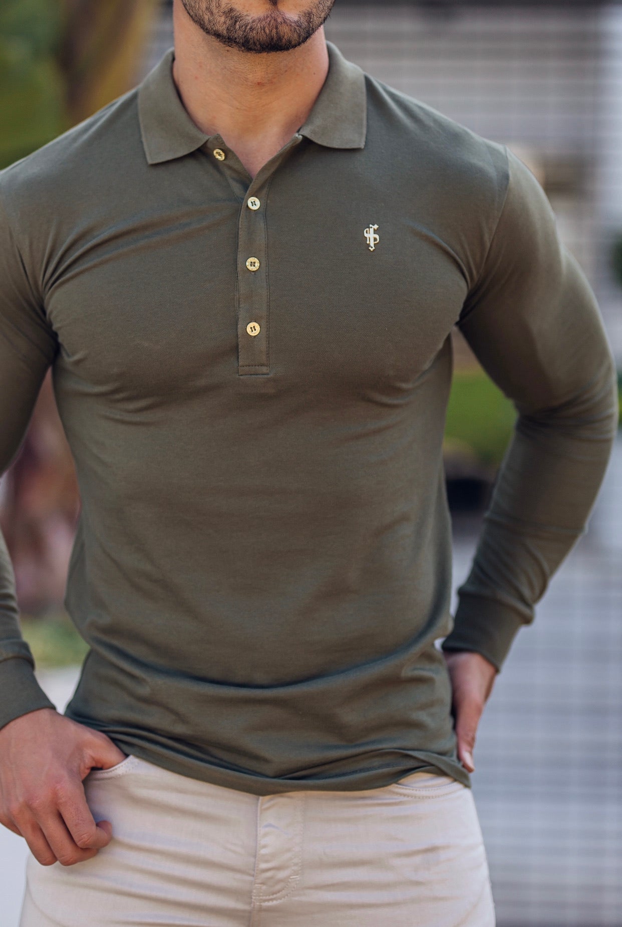 Classic Khaki Long Sleeve Polo Shirt with Gold Metal Emblem Decal & Buttons - FSH513