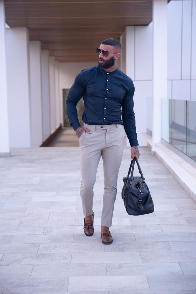 Super Slim Luxe Ultra Stretch Khaki Long Sleeve with Grandad Collar
