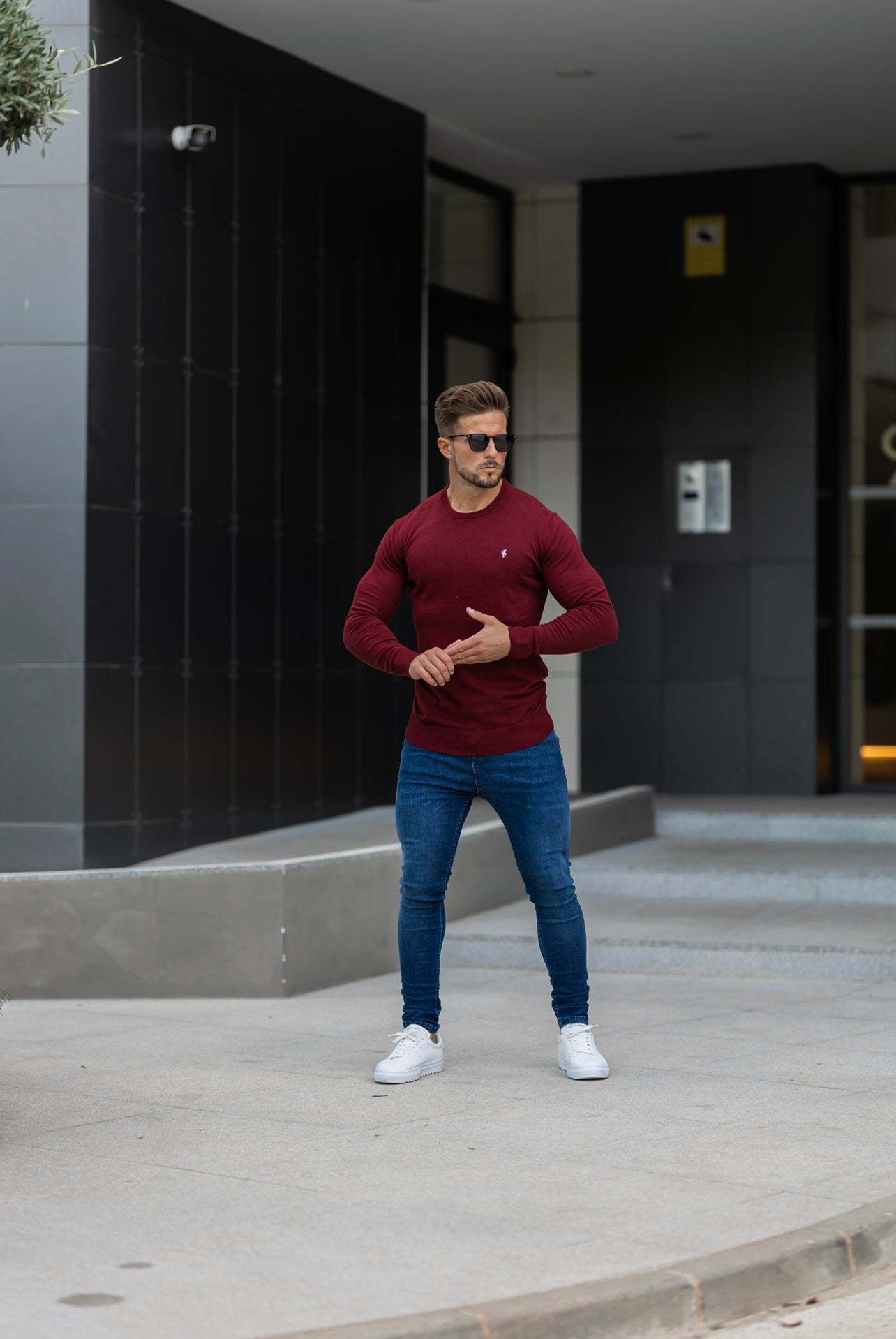 Father Sons Classic Burgundy Light Weight Knitted Crew Neck Sweater with Metal Decal - FSN097
