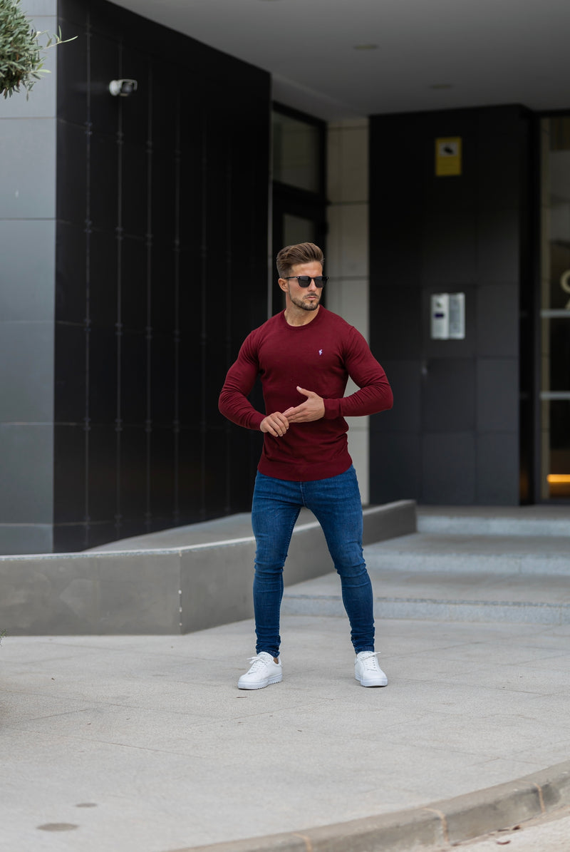 Father Sons Classic Burgundy Light Weight Knitted Crew Neck Sweater with Metal Decal - FSN097