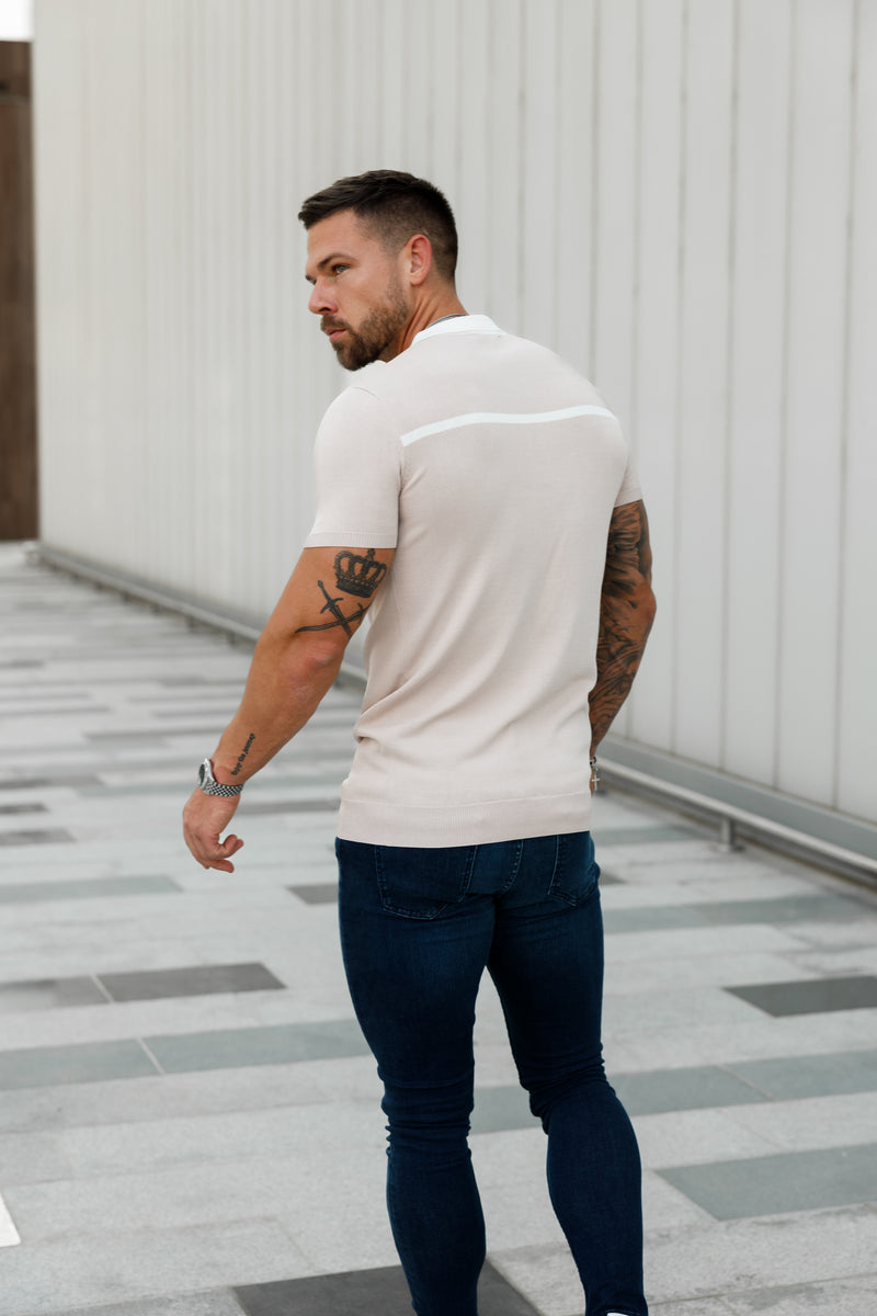 Father Sons Classic Beige / White Horizontal Stripe Zipped Polo Short Sleeve - FSN041