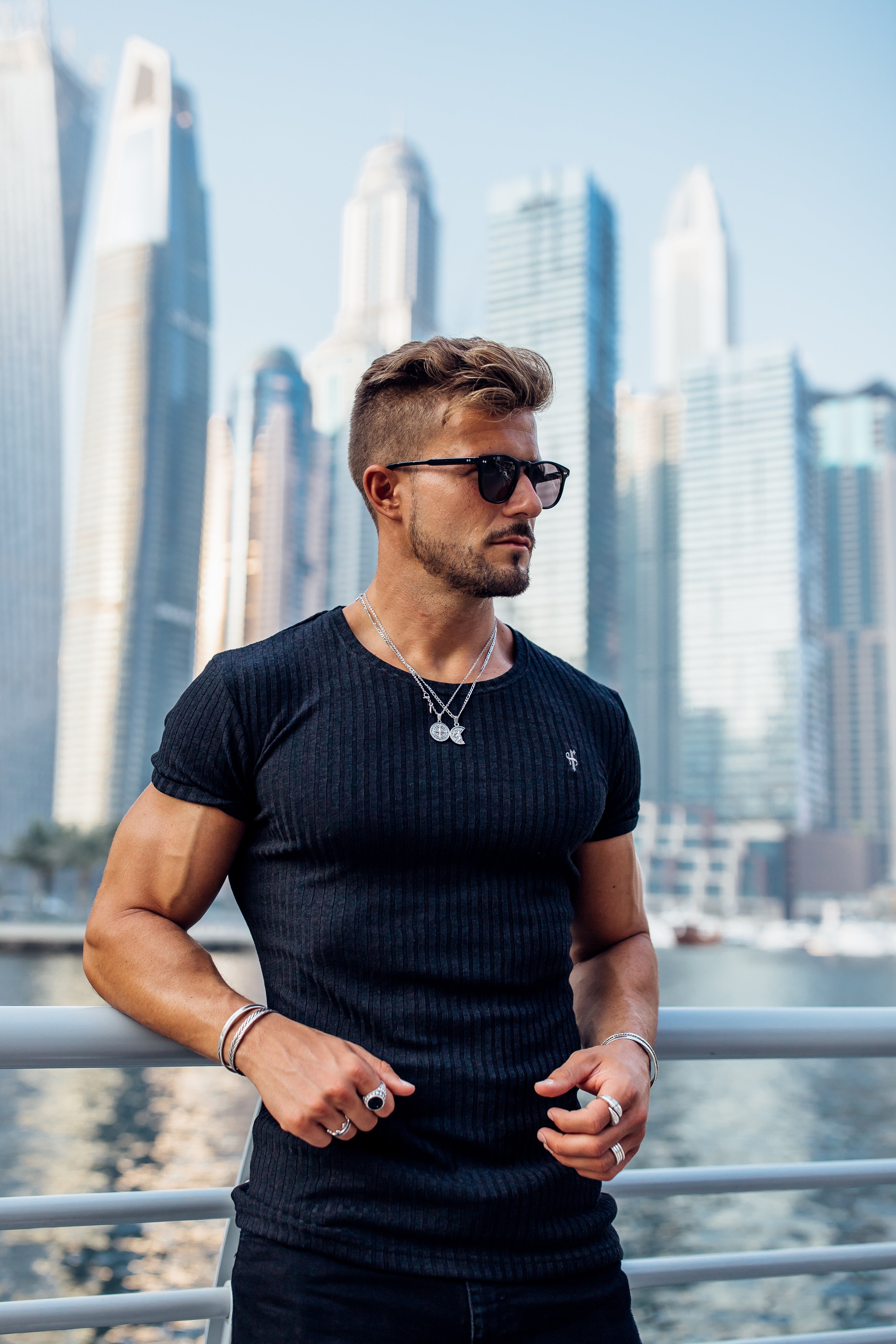 Classic Black Ribbed Knit Super Slim Short Sleeve Crew - FSH241