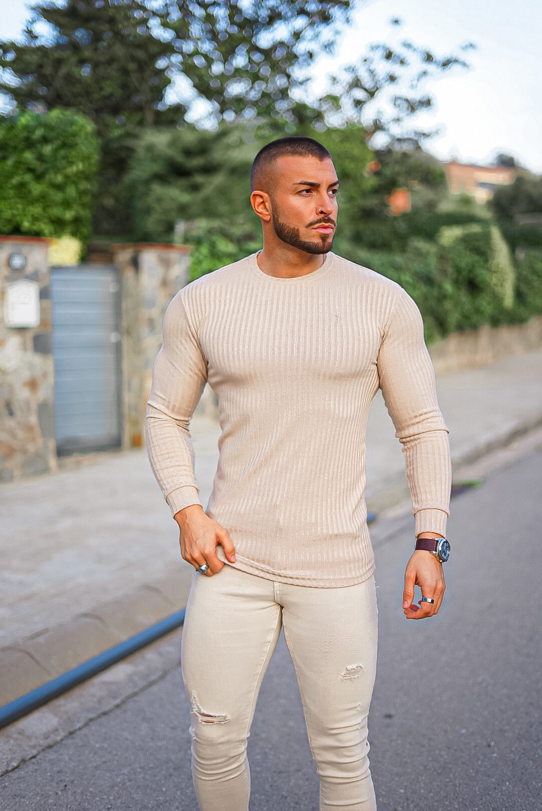 Classic Beige Long Sleeve Ribbed Knit Super Slim Crew - FSH293