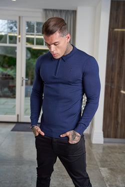 Father Sons Classic Navy Merino Wool Knitted Zip Polo Long Sleeve Sweater With FS Embroidery- FSN007