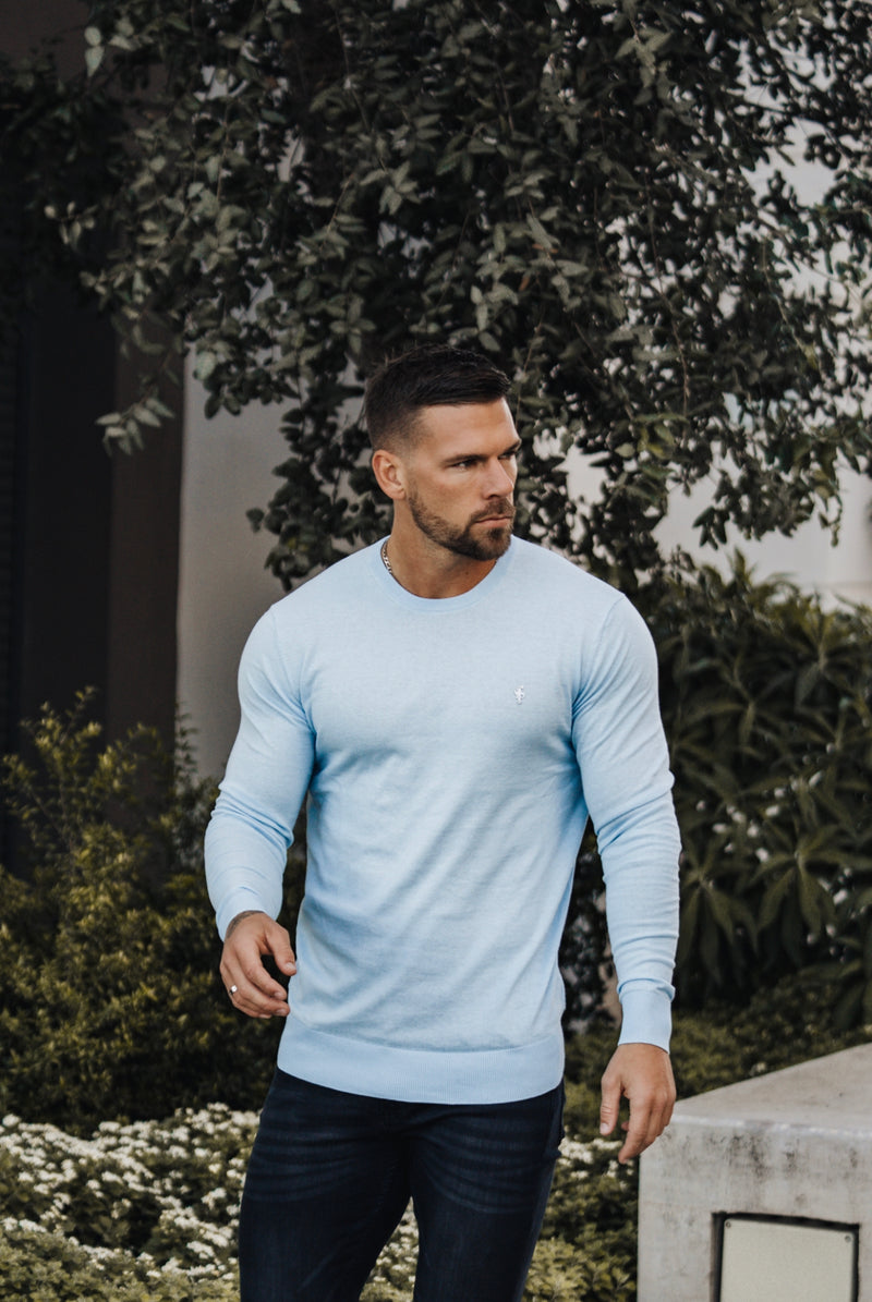 Father Sons Classic Sky Blue Light Weight Knitted Crew Neck Sweater with Metal Decal - FSN092