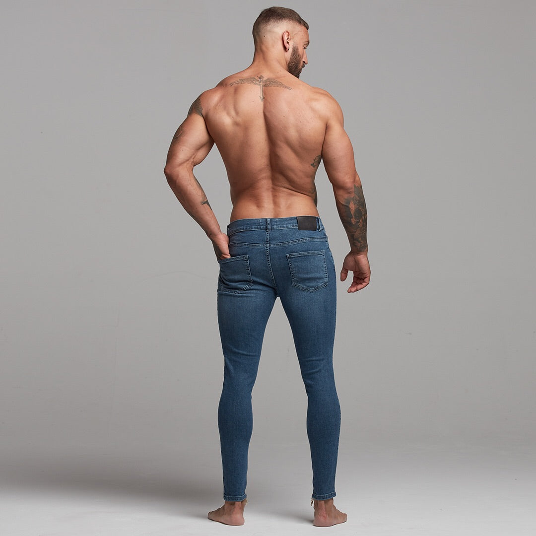 Zipped Ankle Plain Slim Stretch Blue Jeans - FSH181
