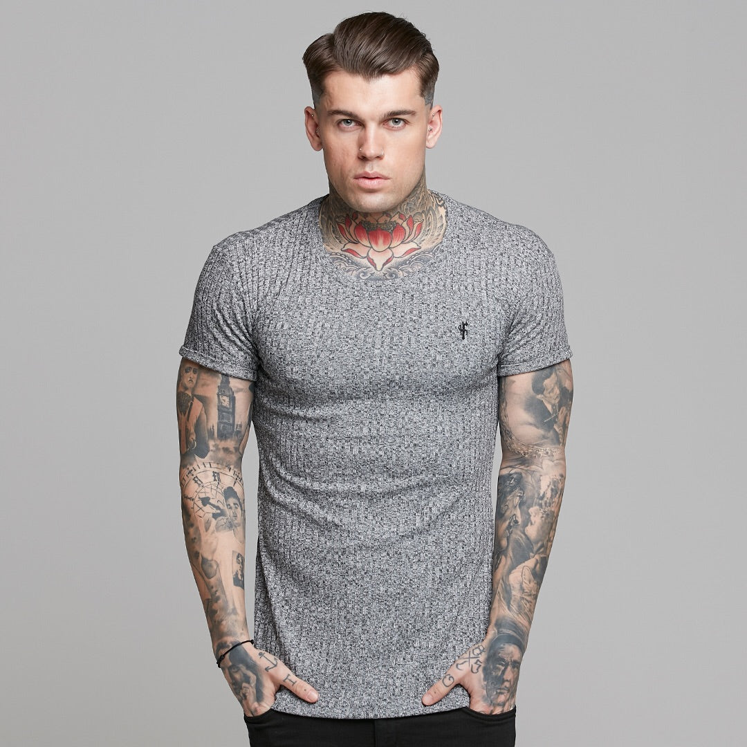 Classic Grey Ribbed Knit Super Slim Long Line Crew- FSH173