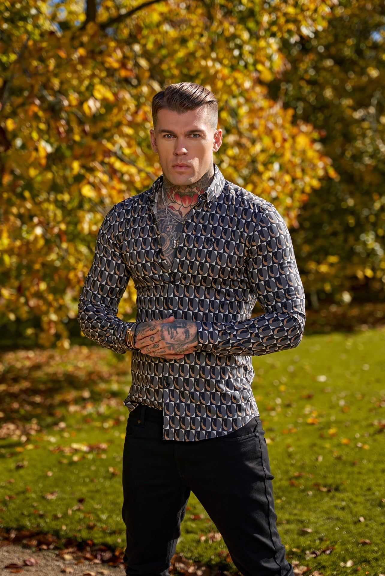 Super Slim Stretch Black Multi Retro Print Long Sleeve with Button Down Collar - FS910