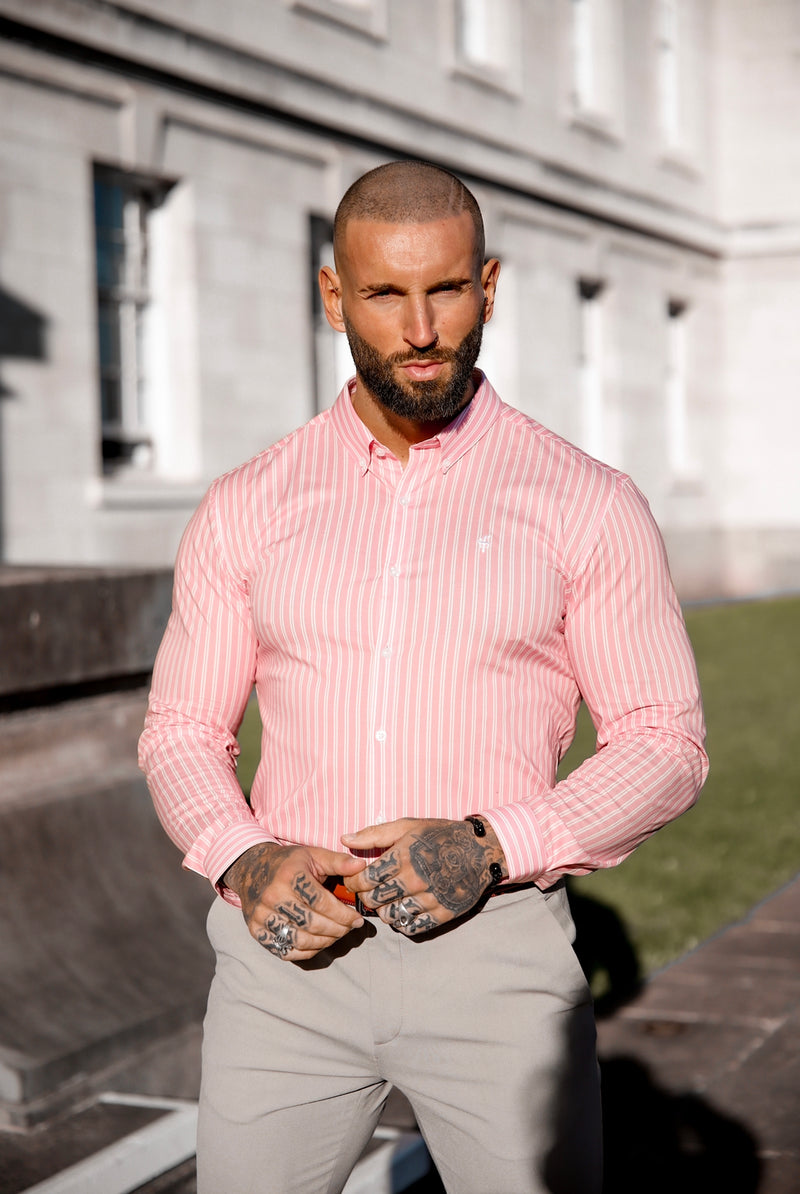 Father Sons Super Slim Stretch White / Pink Stripe Print Long Sleeve with Button Down Collar - FS888