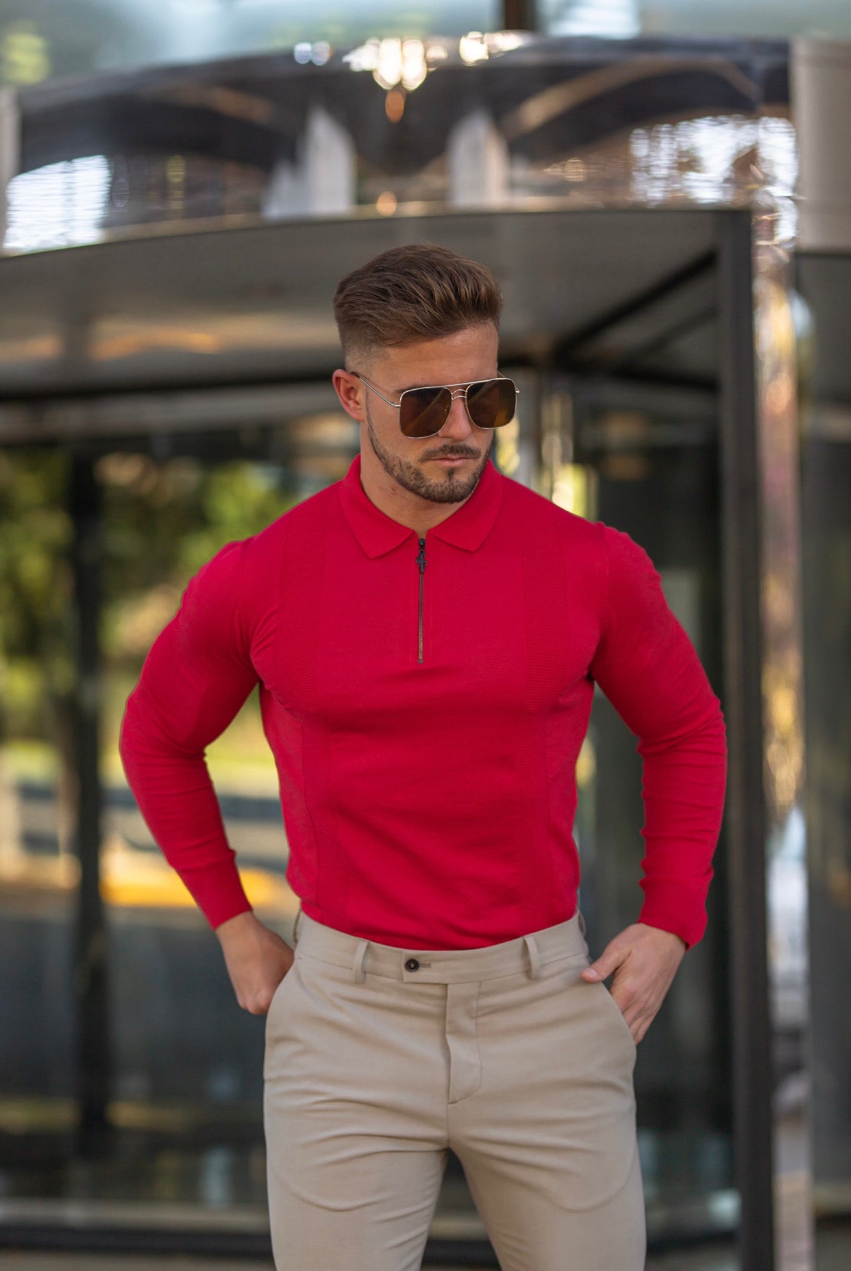 Classic Poppy Red and Black Zip Knitted Long Sleeve Polo Shirt - FSH567