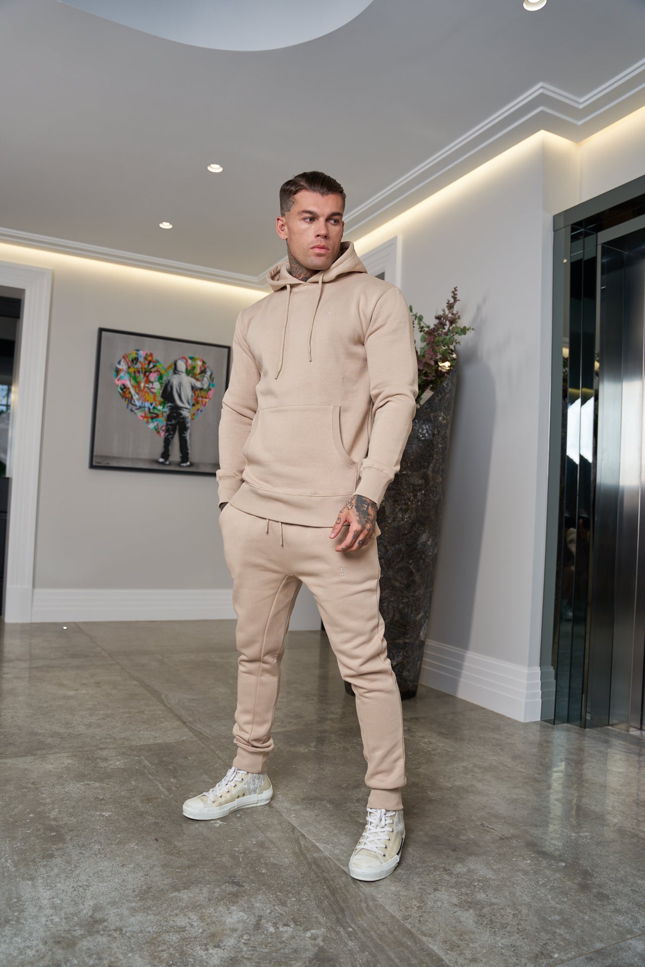 Beige Kangaroo Hoodie Top with FS Embroidery - FSH695