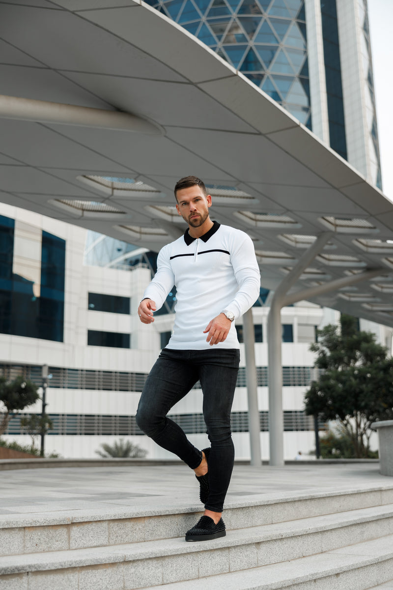 Father Sons Classic White / Black Horizontal Stripe Zipped Polo Long Sleeve - FSN050