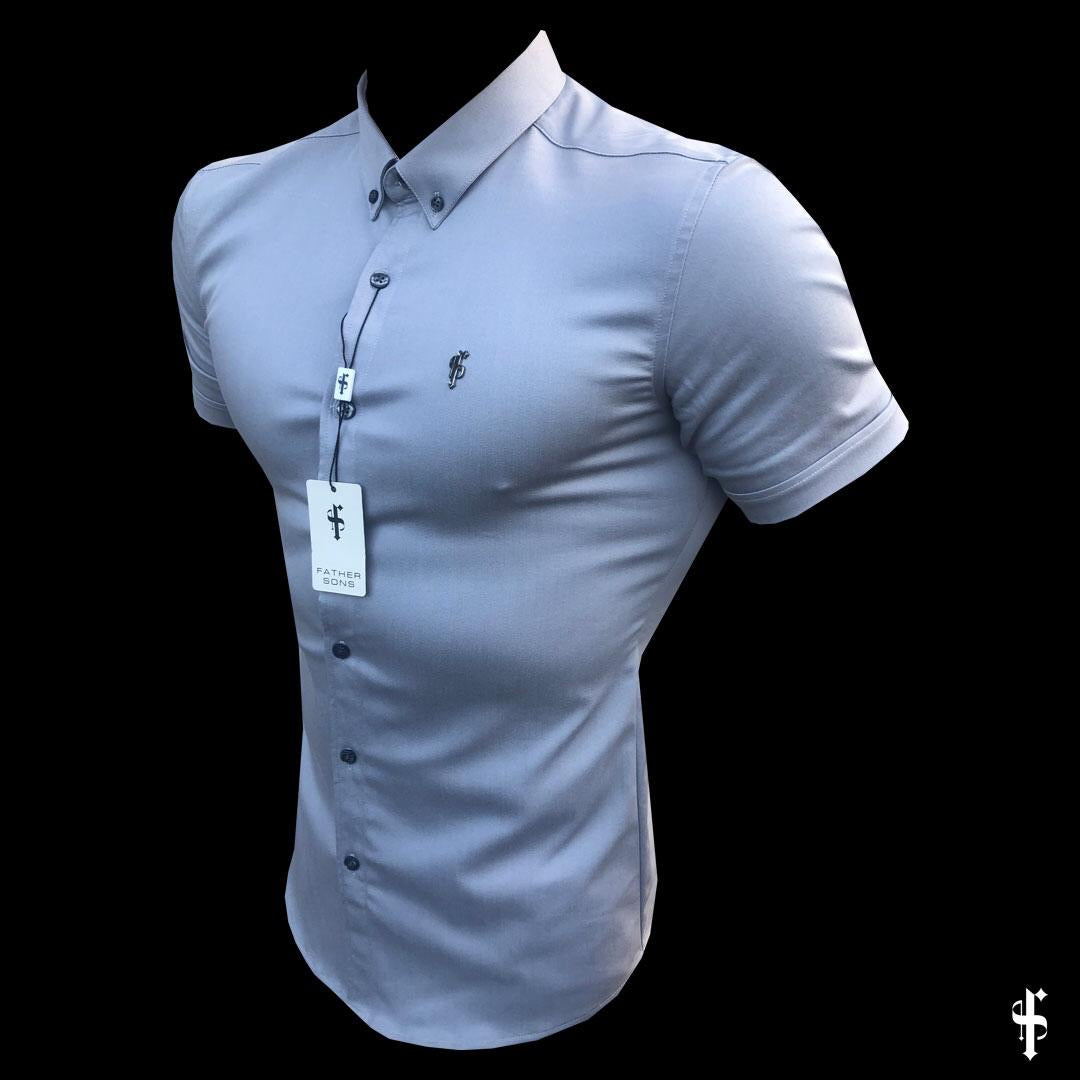 Super Slim Stretch Grey Denim Short Sleeve with Metal Decal Emblem - FS639