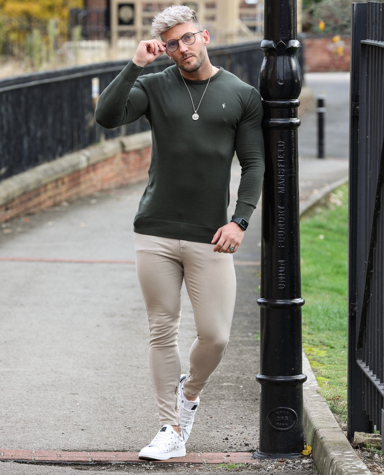 Classic Khaki Crew Neck Knitted Jumper with Gunmetal Emblem - FSH671