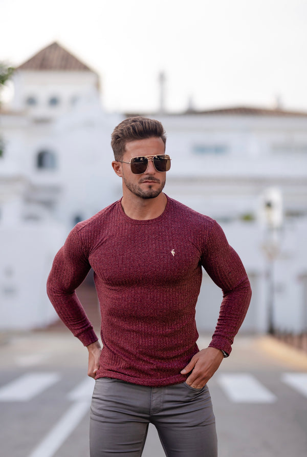 Father Sons Classic Claret Ribbed Knit Sweater With Gold Metal Emblem - FSH538