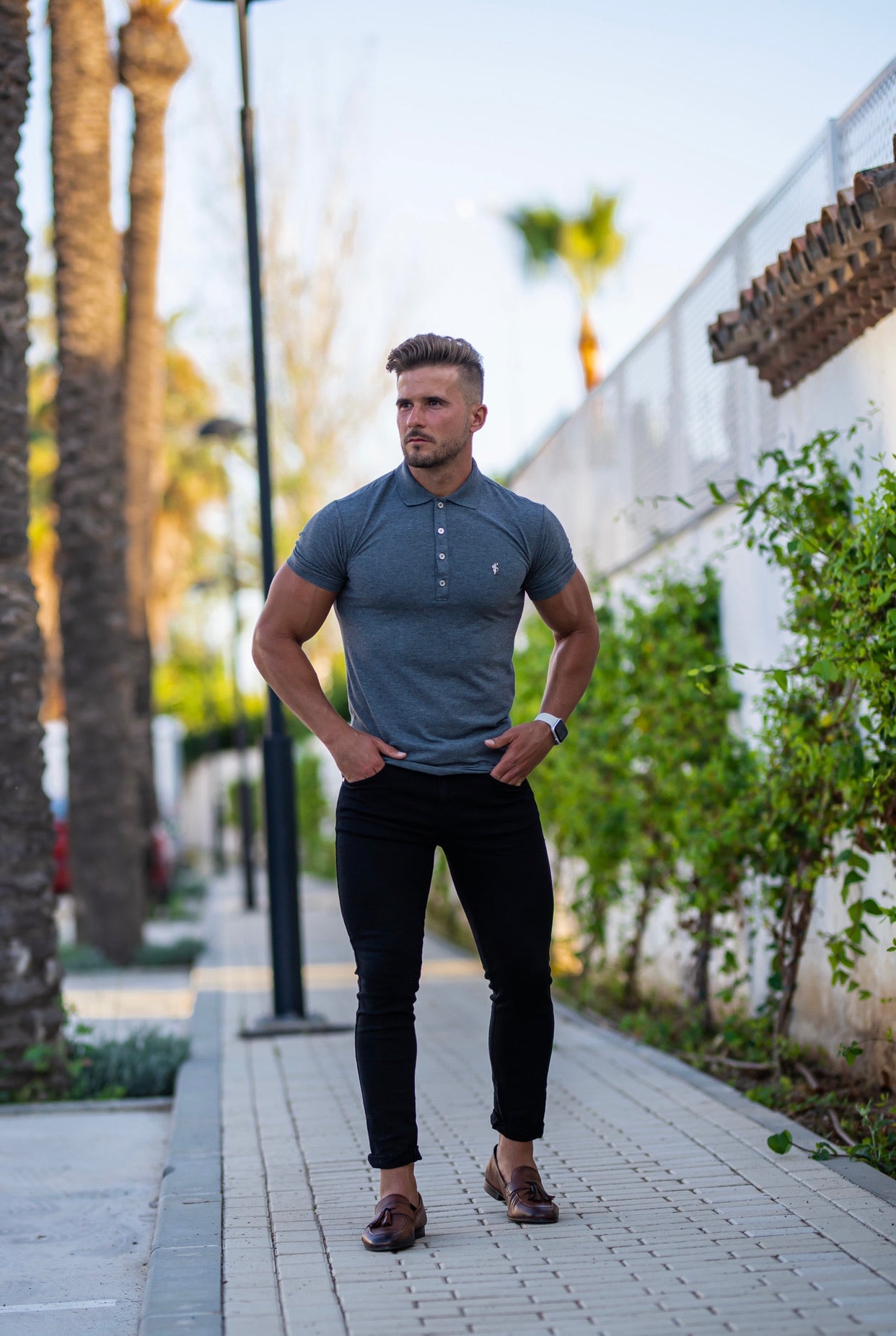 Classic Dark Grey Polo Shirt with Silver Metal Emblem Decal & Buttons - FSH460