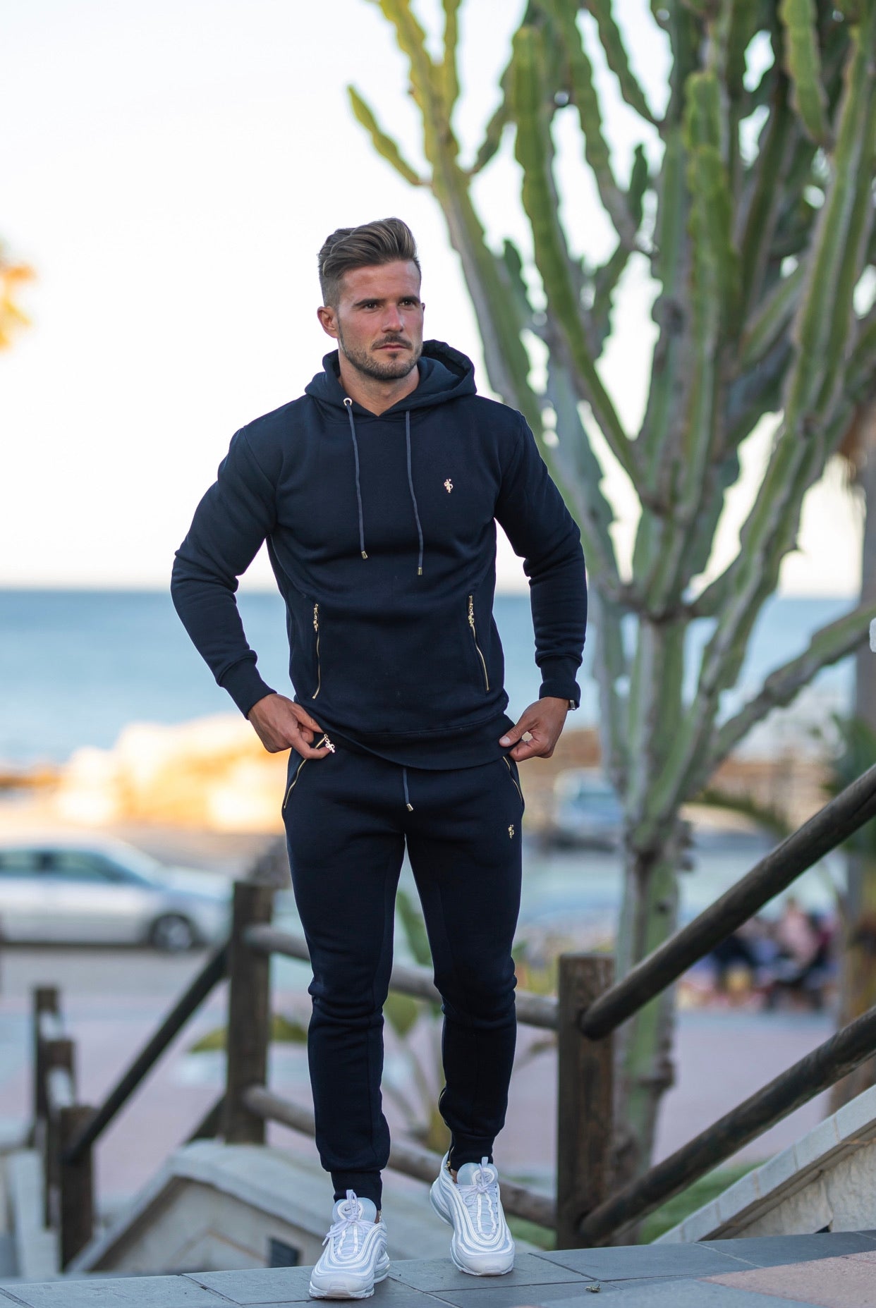 Navy & Gold Overhead Hoodie Top with Zipped Pockets - FSH475