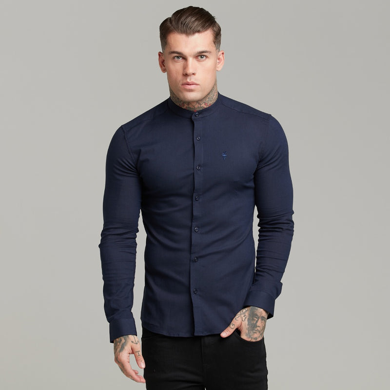 Father Sons Super Slim Stretch Grandad Collar Classic Navy Oxford  Long Sleeve - FS583