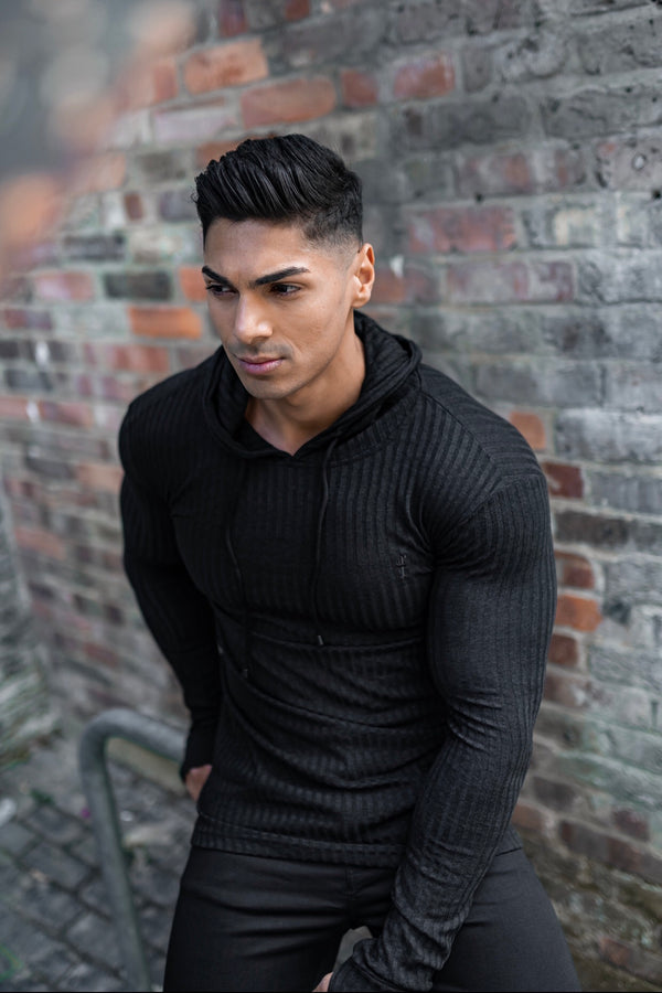 Father Sons Classic Black Ribbed Knit Hoodie Jumper - FSH218