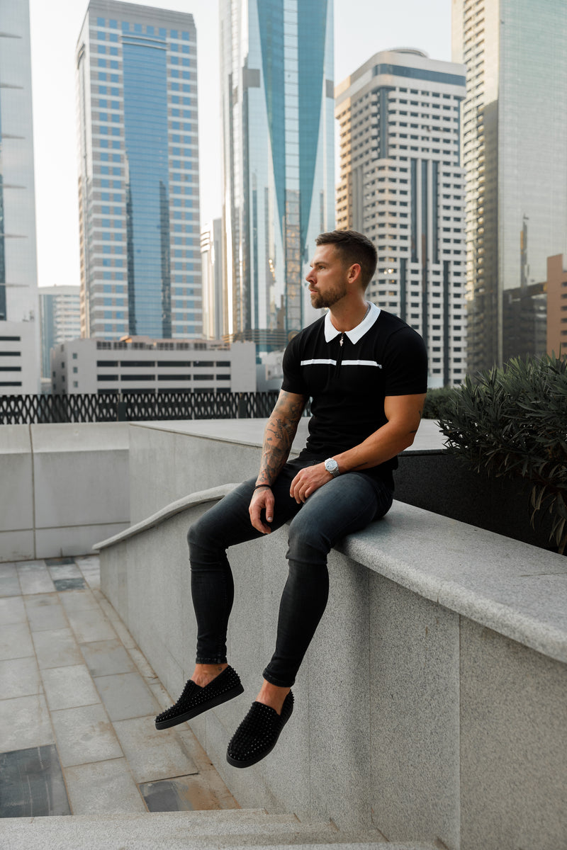 Father Sons Classic Black / White Horizontal Stripe Zipped Polo Short Sleeve - FSN038