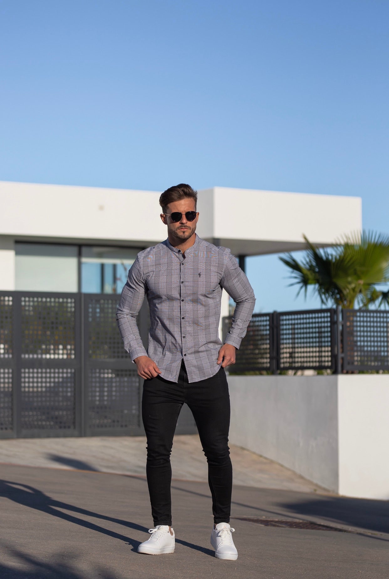 Super Slim Stretch Prince Of Wales White and Black Print Check Long Sleeve with Grandad Collar- FS746