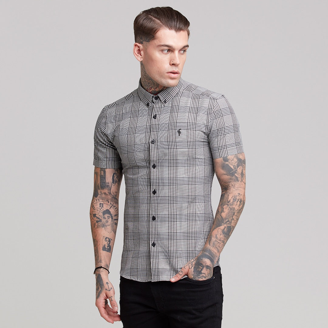 Super Slim Stretch Prince Of Wales White and Black Check Short Sleeve - FS460