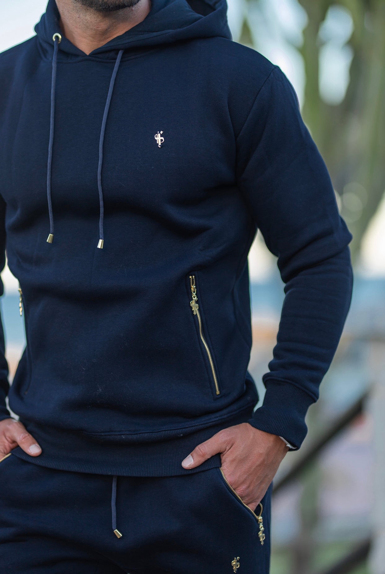 Navy & Gold Overhead Hoodie Top with Zipped Pockets - FSH475